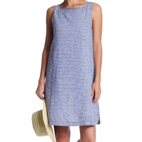 Beach Lunch Lounge Linen Blend Size Small Chambray Blue Striped Shirt Dress - Picture 1 of 15
